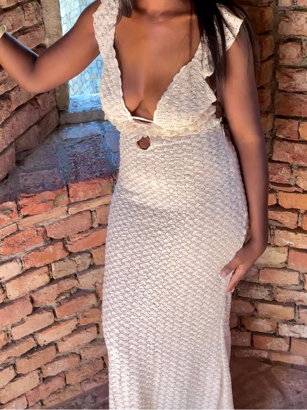 Fashion Nova Cream Crochet Plunge Maxi Dress - Picture 3 of 3